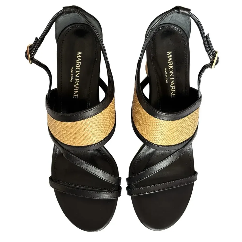 New With Box MARION PARKE Penny 70 Wedge Sandal 39.5‎ / US 9.5 Black Leather